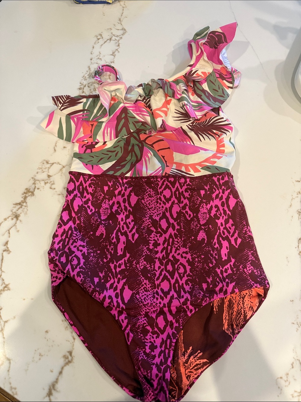 Maaji One-Shoulder Ruffle Tropical & Pink Animal Print Swimsuit size 14
